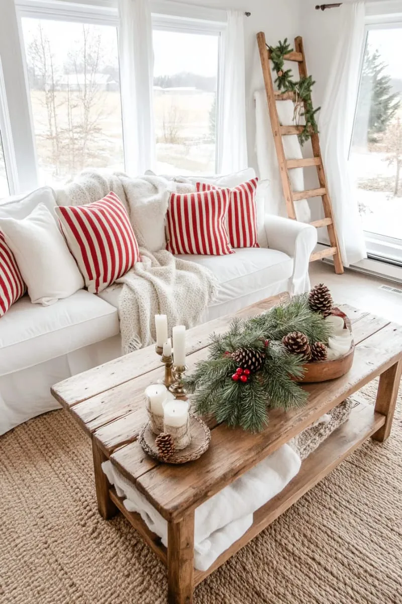 red ticking stripe pillows mixed with neutral throws on a slipcovered couch 1