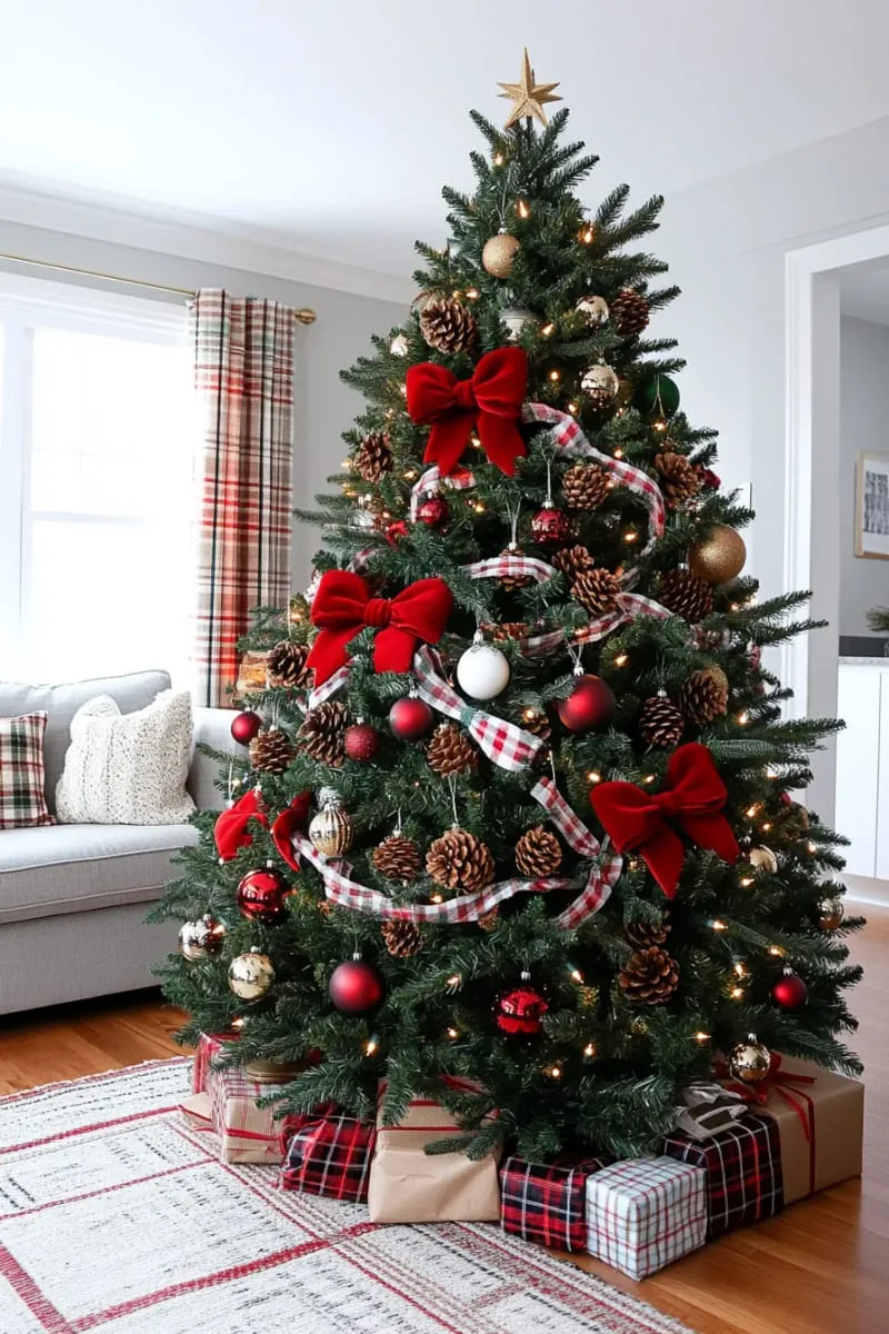 31 Dreamy Christmas Tree Decorations for a Unique Festive Touch 63 red velvet bows, pinecones, and plaid accents for timeless christmas charm 1