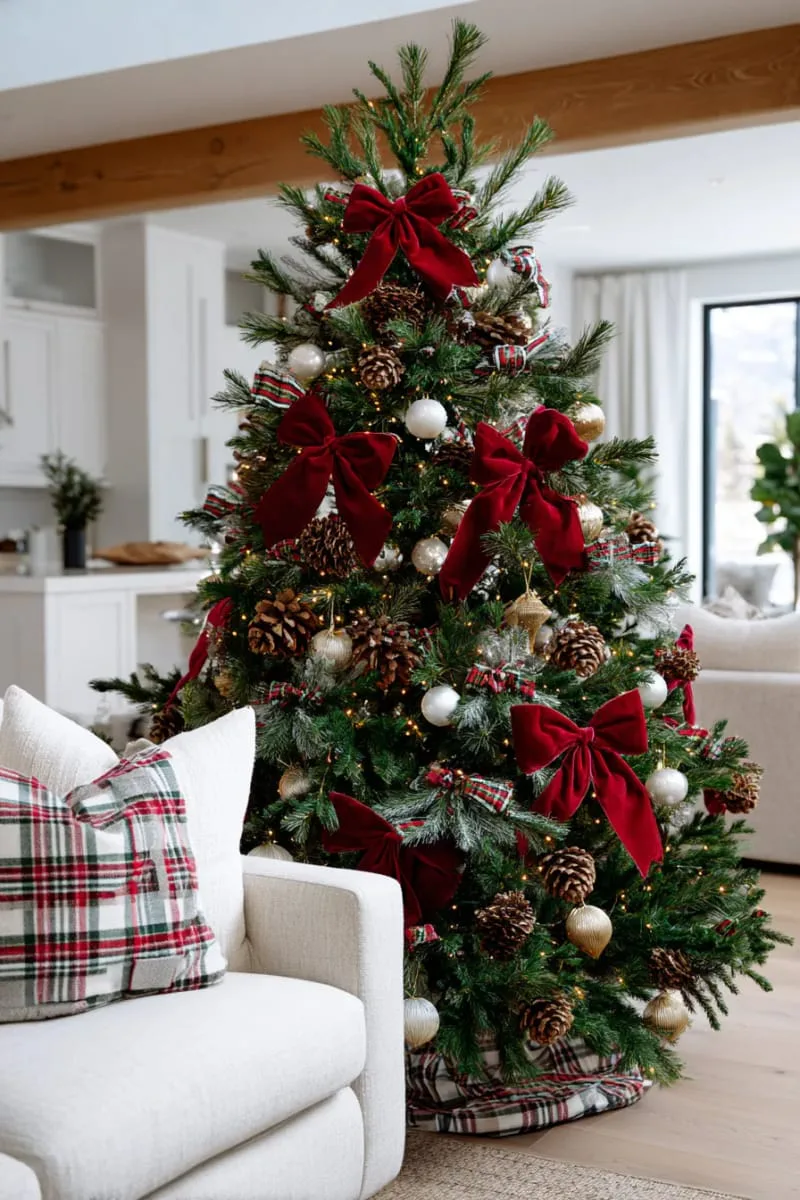 31 Dreamy Christmas Tree Decorations for a Unique Festive Touch 64 red velvet bows, pinecones, and plaid accents for timeless christmas charm 1