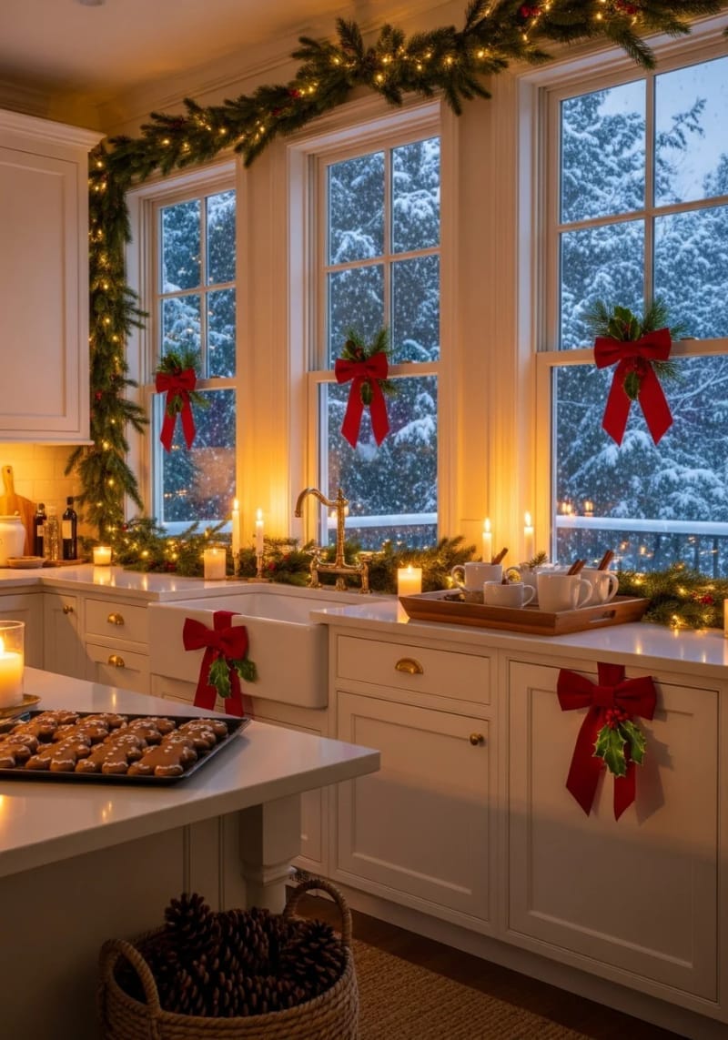 red velvet bows tied to cabinet handles and window locks 1
