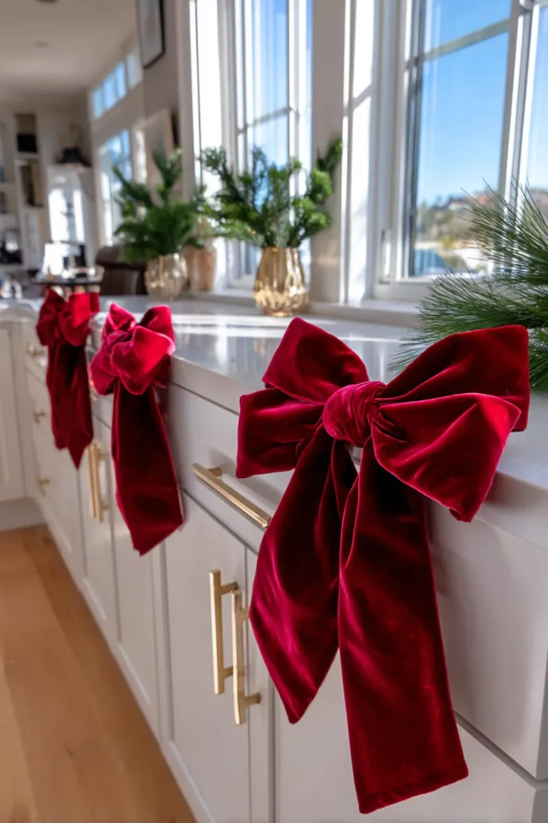 31 Trendy Christmas Decor Ideas for a Magical Home 70 red velvet bows tied to cabinet handles and window locks 1