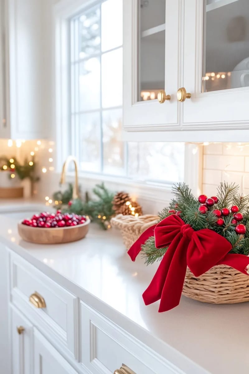 red velvet bows tied to cabinet handles and window locks 1