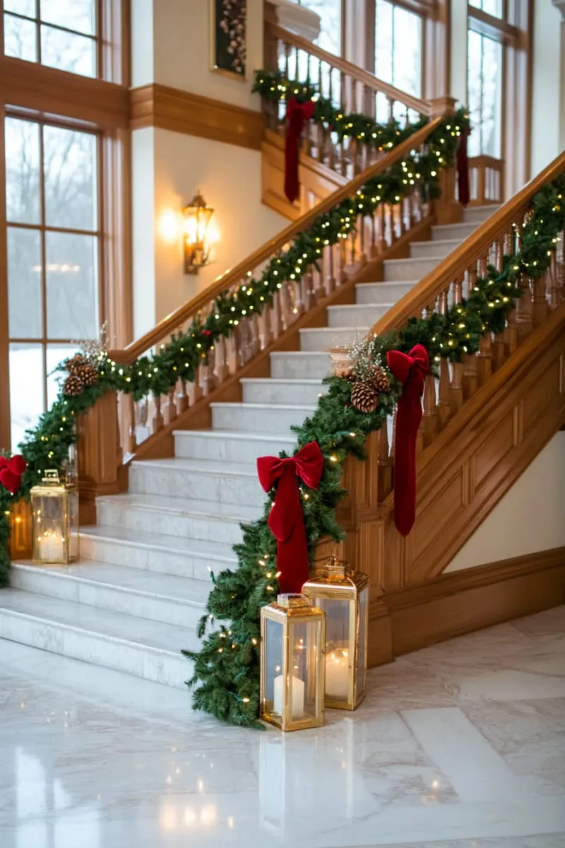 red velvet ribbon bows on evergreen garlands for a grand staircase accent 1