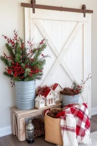 31 Rustic Farmhouse Christmas Decor Ideas For A Cozy Holiday 1 repurposed barn door backdrop for a christmas village display 68