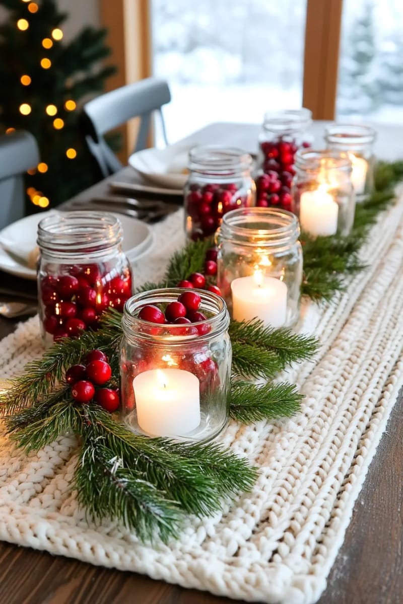 repurposed glass jars filled with cranberries and floating tea lights 1