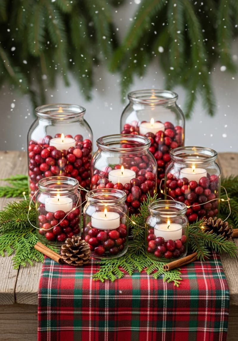 repurposed glass jars filled with cranberries and floating tea lights 1