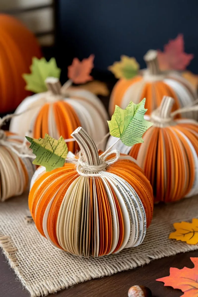 repurposed old books into stacked pumpkin sculptures 1