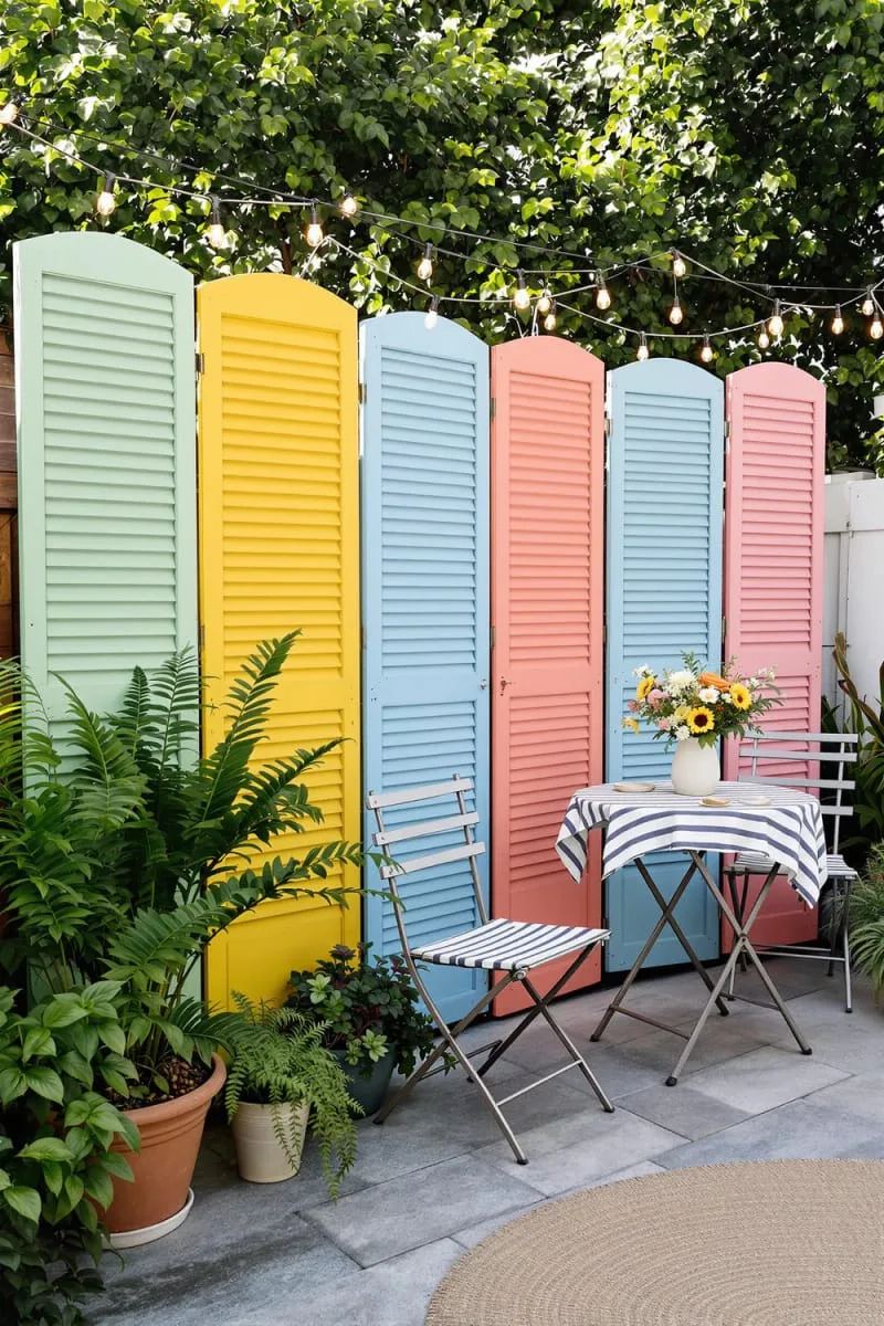 27 Unique Backyard Privacy Designs for A Serene Outdoor Oasis 33 repurposed shutter panels painted in cheerful colors 1