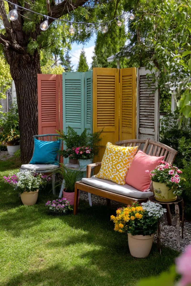 27 Unique Backyard Privacy Designs for A Serene Outdoor Oasis 34 repurposed shutter panels painted in cheerful colors 1