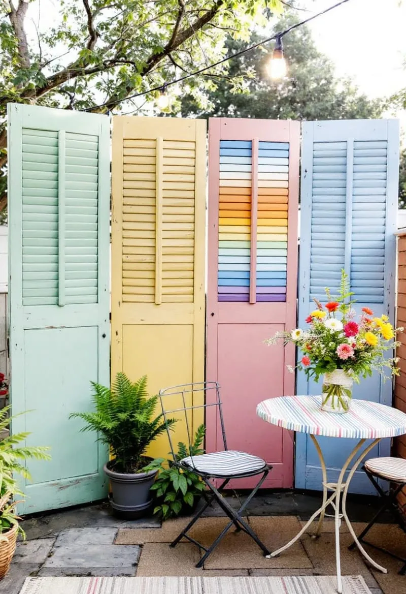 27 Unique Backyard Privacy Designs for A Serene Outdoor Oasis 35 repurposed shutter panels painted in cheerful colors 1