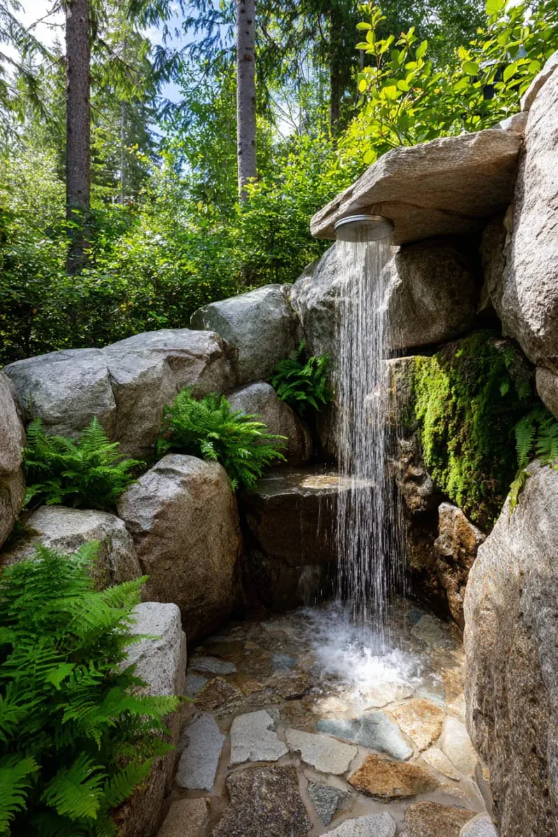 rocky mountain-inspired shower built into natural boulders with wild moss 1
