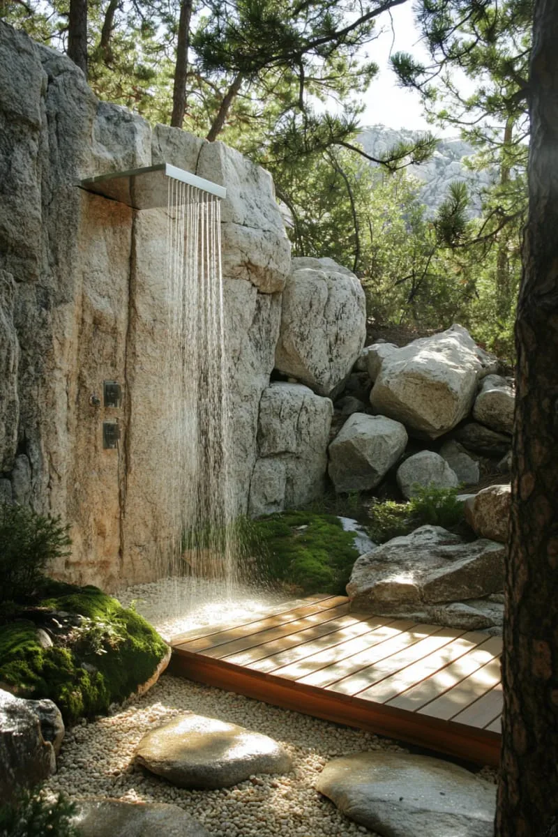 rocky mountain-inspired shower built into natural boulders with wild moss 1