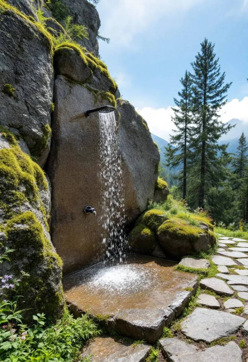 rocky mountain-inspired shower built into natural boulders with wild moss 1