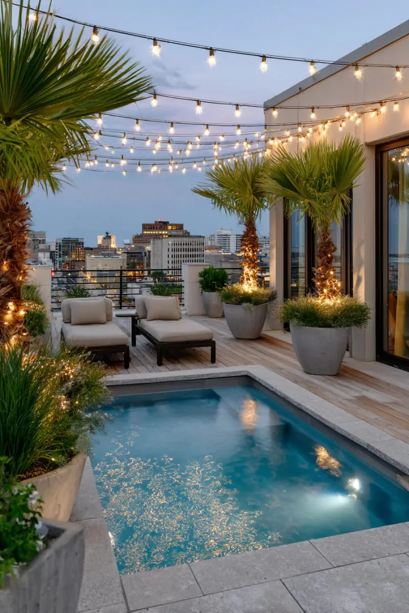 rooftop small pool oasis with twinkling string lights and potted palms 1