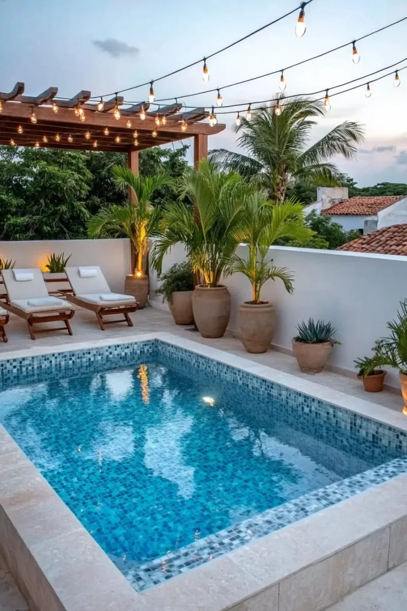 rooftop small pool oasis with twinkling string lights and potted palms 1