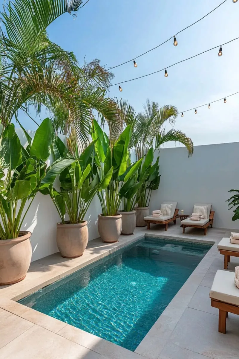rooftop small pool oasis with twinkling string lights and potted palms 1