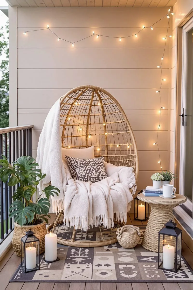 round egg chair with soft throws and string lights 1