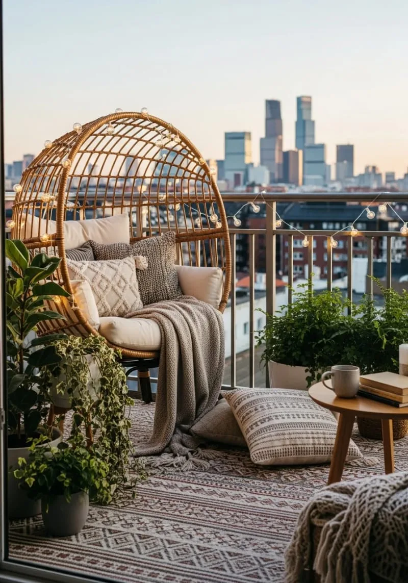 round egg chair with soft throws and string lights 1
