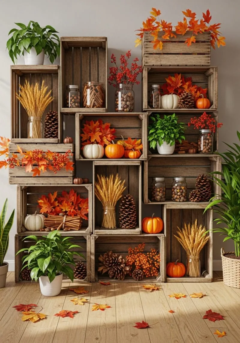 rustic apple crate shelves filled with autumn foliage 1