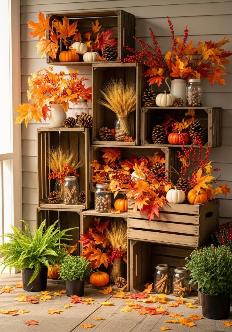 rustic apple crate shelves filled with autumn foliage 1
