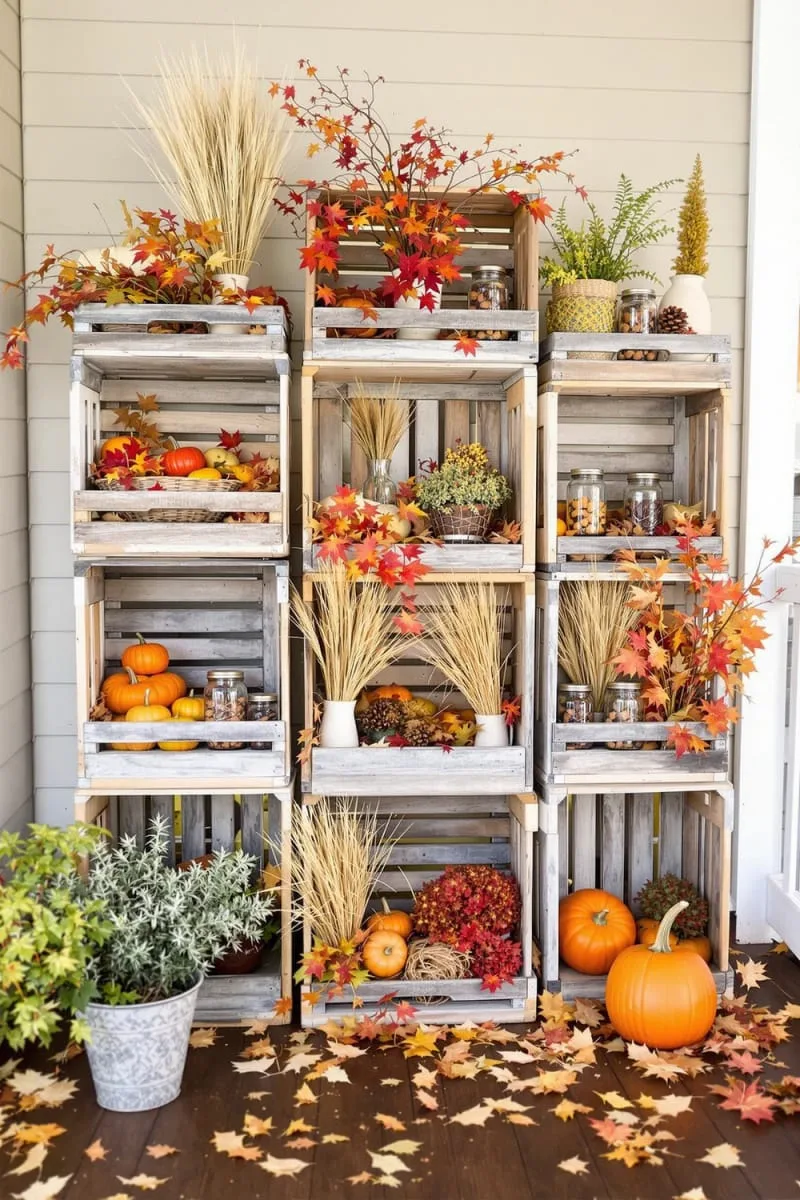 rustic apple crate shelves filled with autumn foliage 1