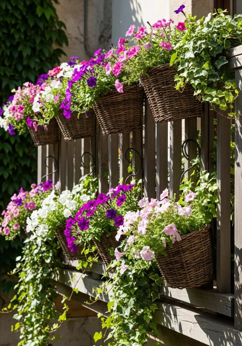 rustic baskets overflowing with blooming petunias and ivy 1