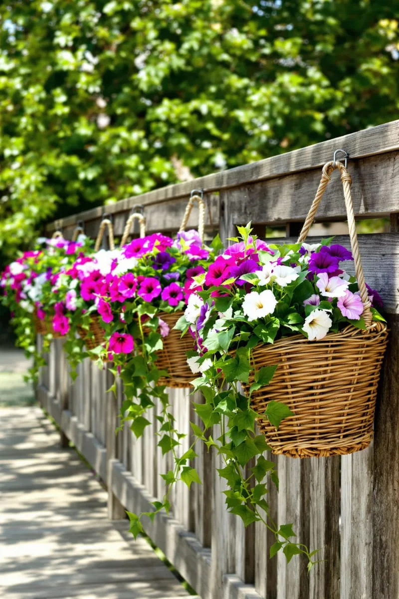 rustic baskets overflowing with blooming petunias and ivy 1