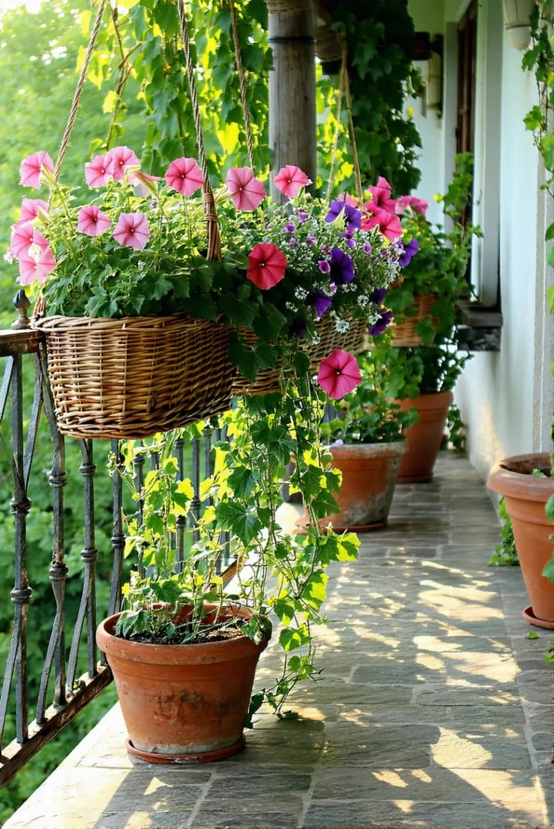 rustic baskets overflowing with blooming petunias and ivy 1