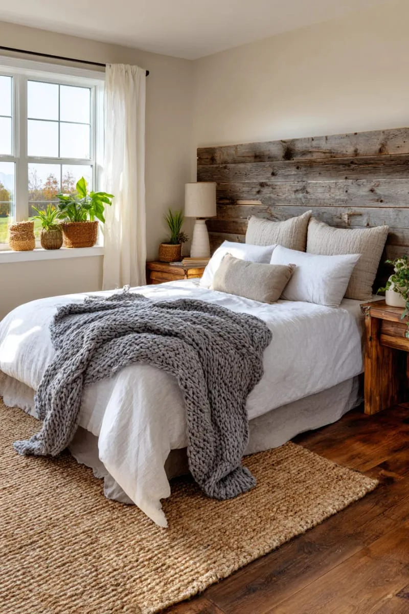 rustic bedroom featuring a reclaimed wood headboard behind a neatly made bed 1