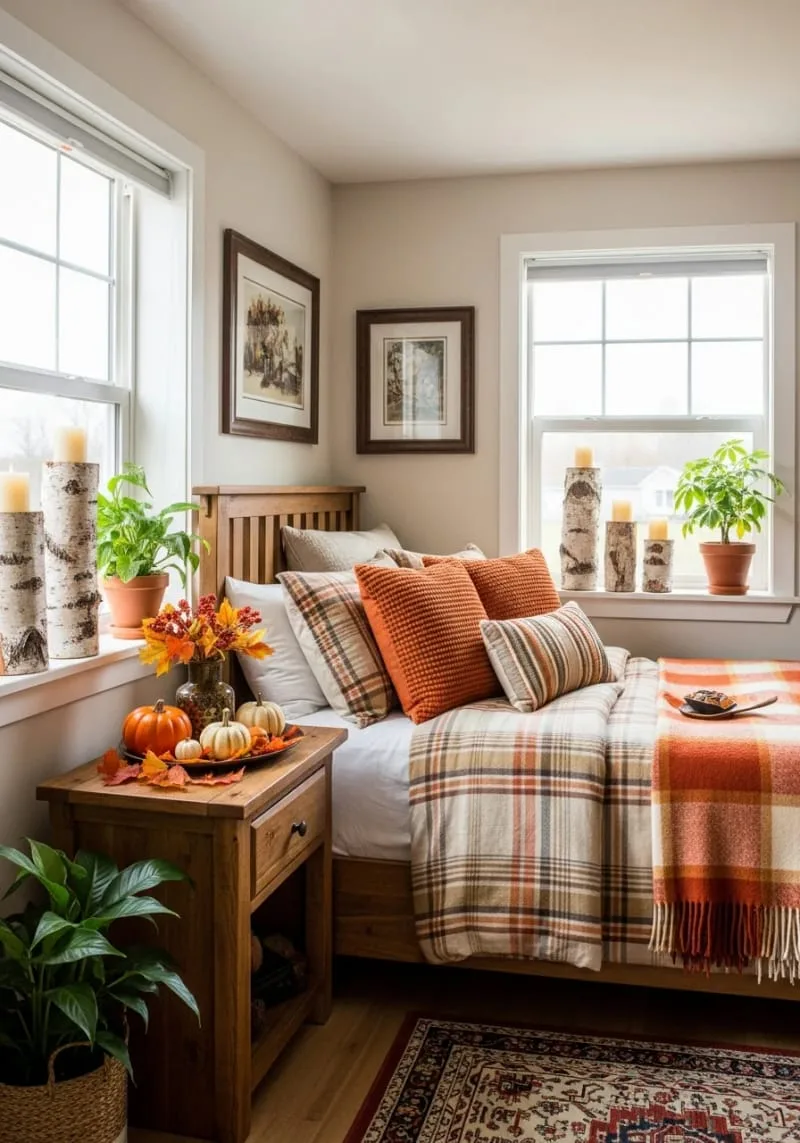 rustic birch log candle holders on window sills 1