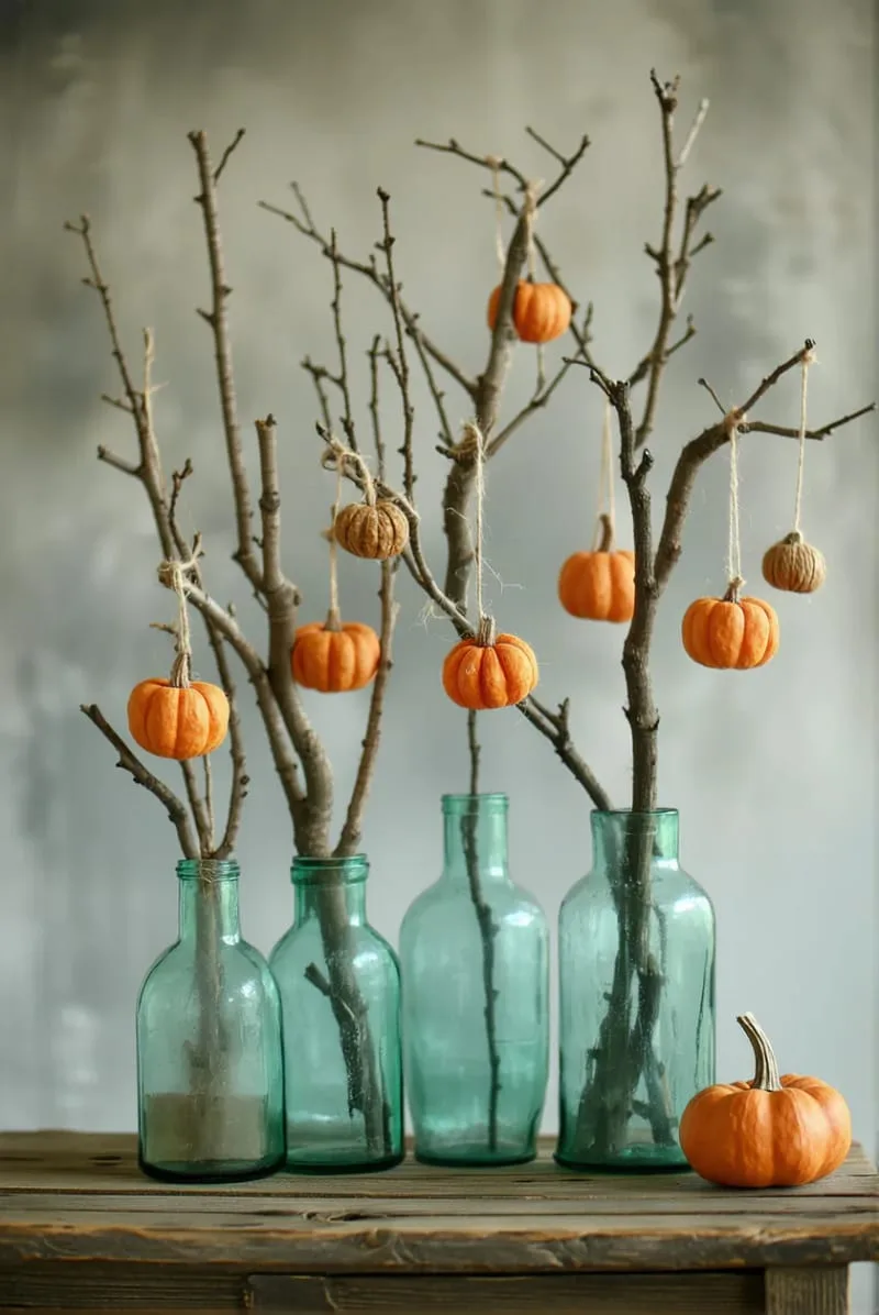 rustic branches in vases adorned with tiny hanging pumpkins 1