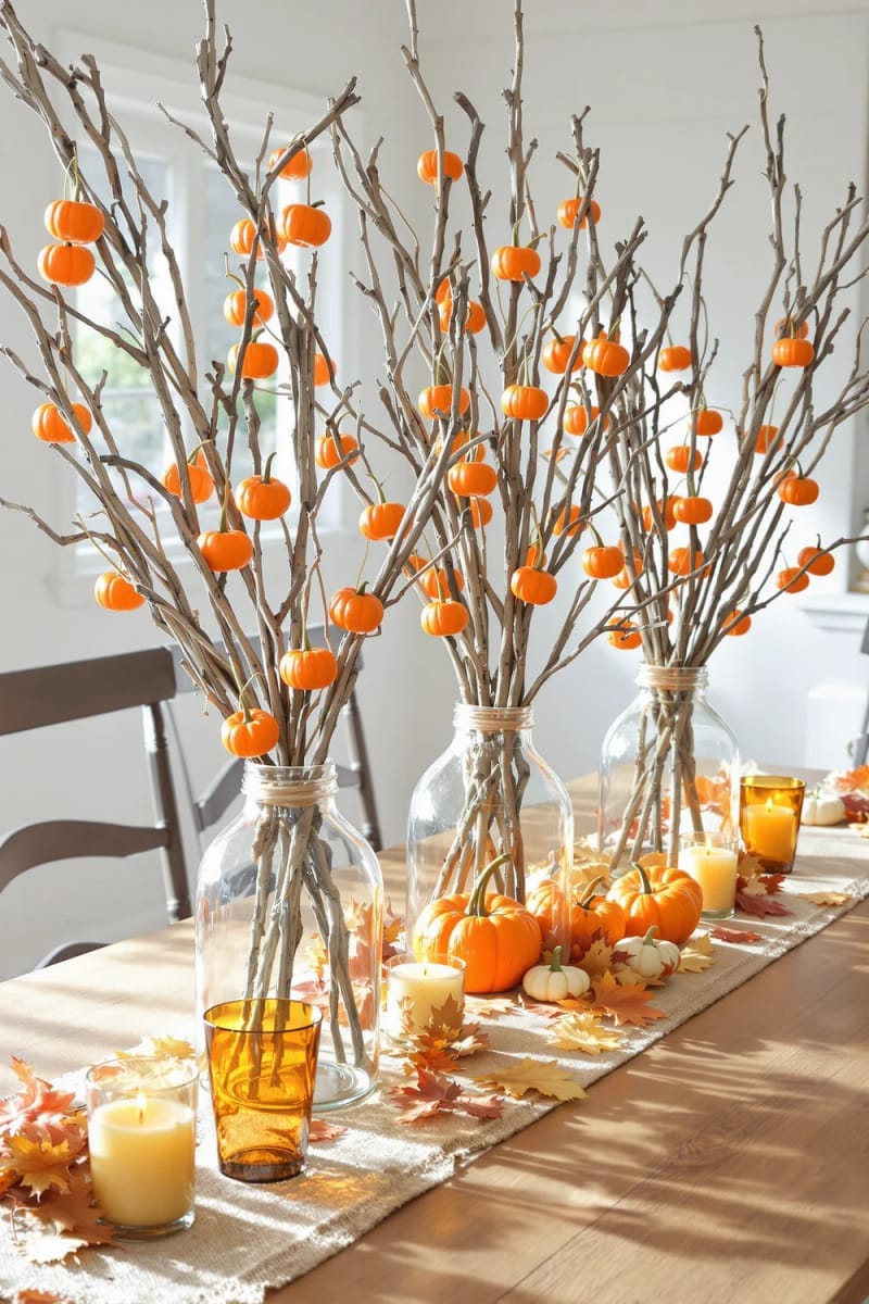 21 Simple Halloween Decorations for an Easy Seasonal Touch 34 rustic branches in vases adorned with tiny hanging pumpkins 1