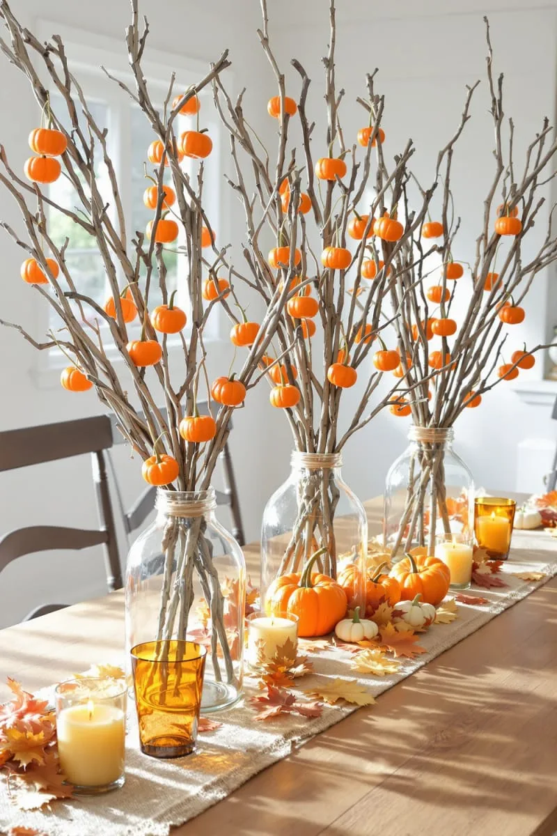 rustic branches in vases adorned with tiny hanging pumpkins 1