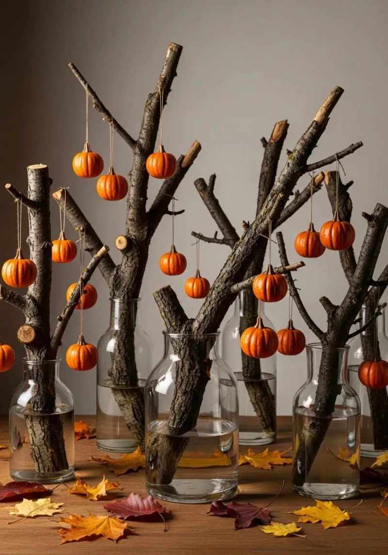 rustic branches in vases adorned with tiny hanging pumpkins 1