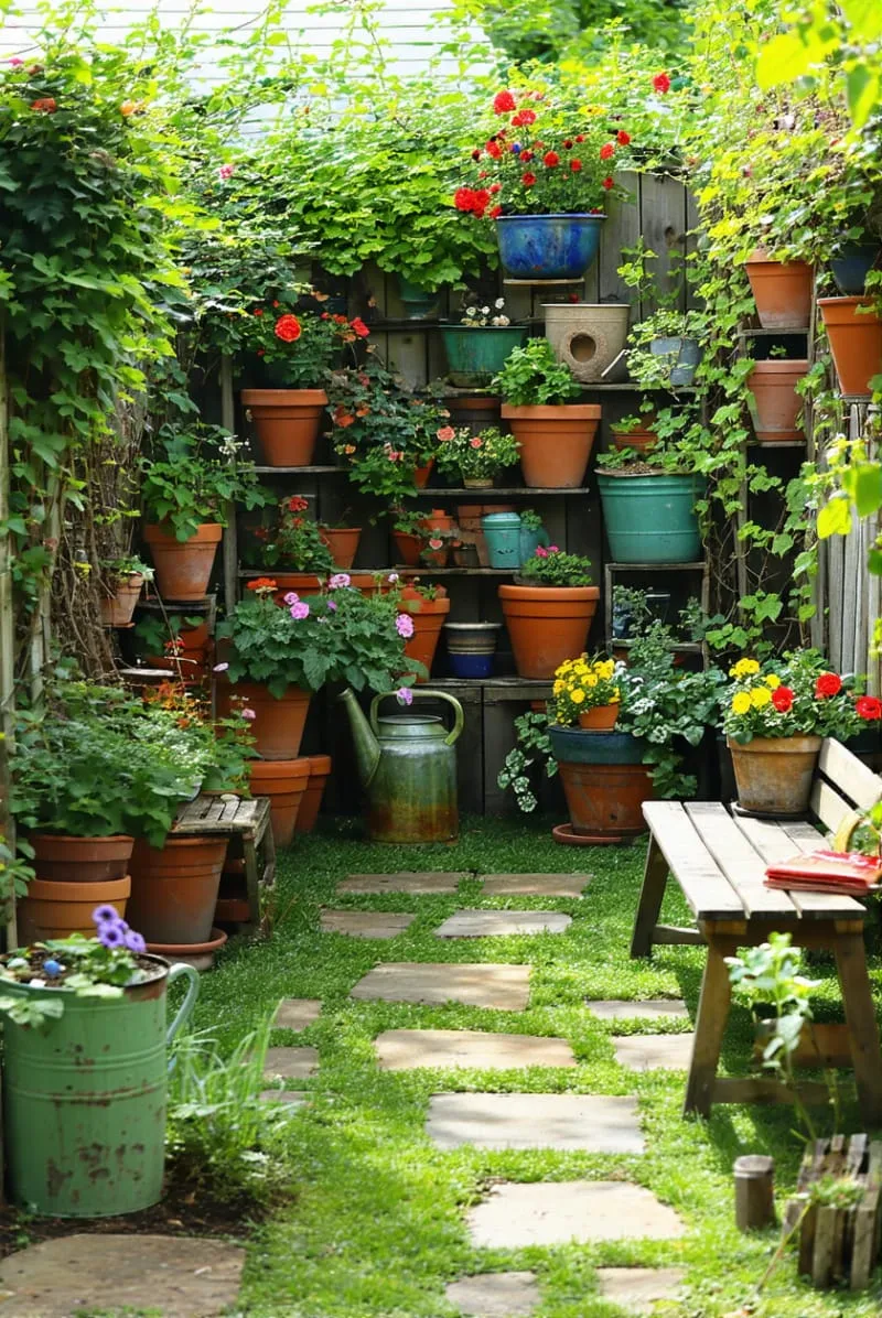 27 New Small Backyard Designs to Copy For Your Outdoor Space 79 rustic container garden with mismatched vintage pots 1