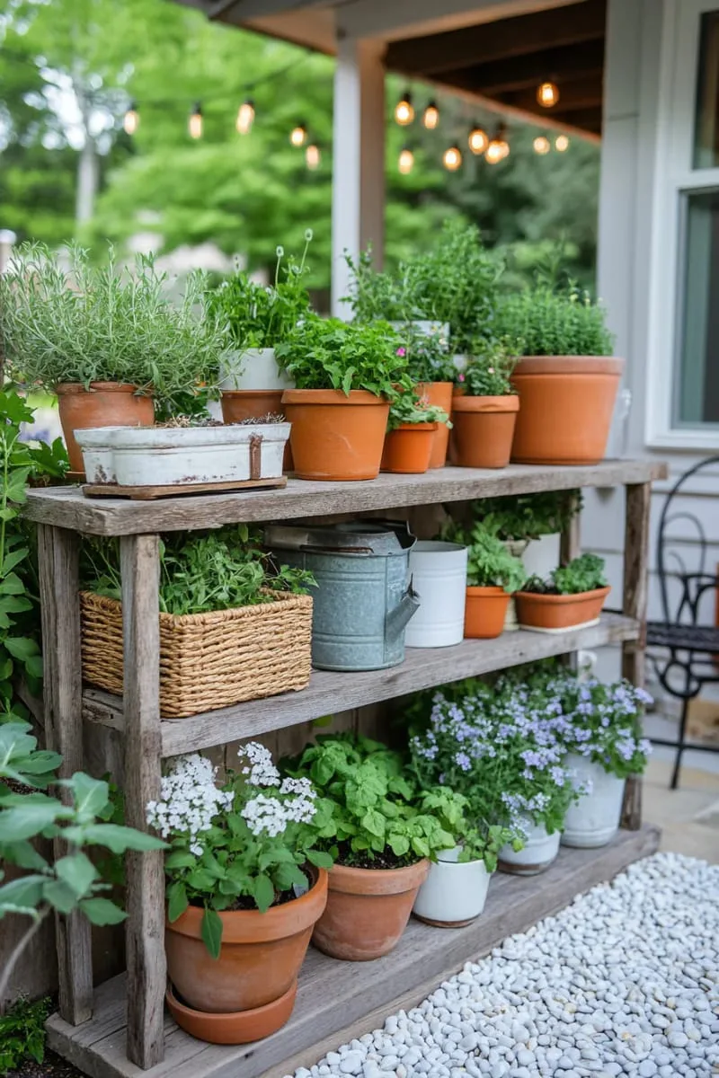 27 New Small Backyard Designs to Copy For Your Outdoor Space 80 rustic container garden with mismatched vintage pots 1