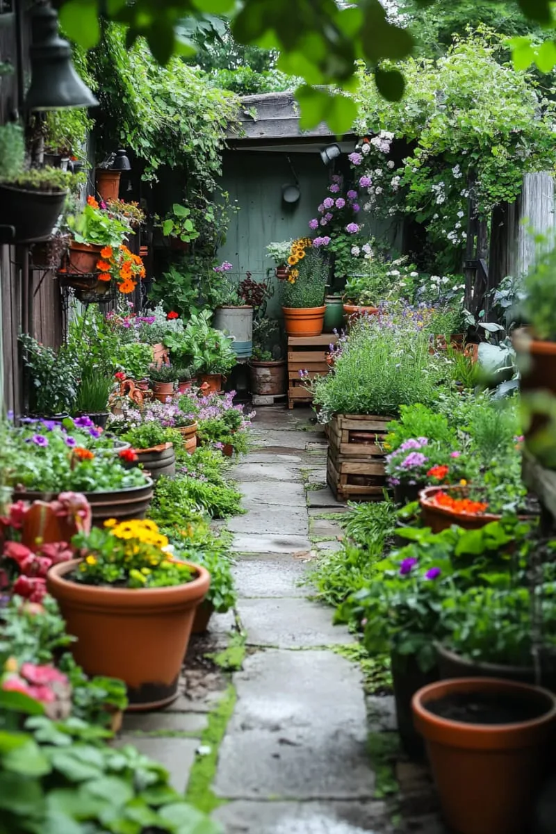 27 New Small Backyard Designs to Copy For Your Outdoor Space 81 rustic container garden with mismatched vintage pots 1