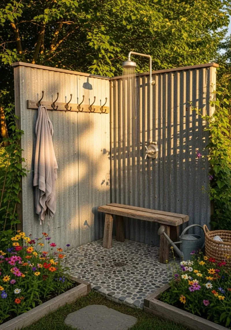 rustic corrugated tin walls paired with wildflower borders and vintage hooks 1