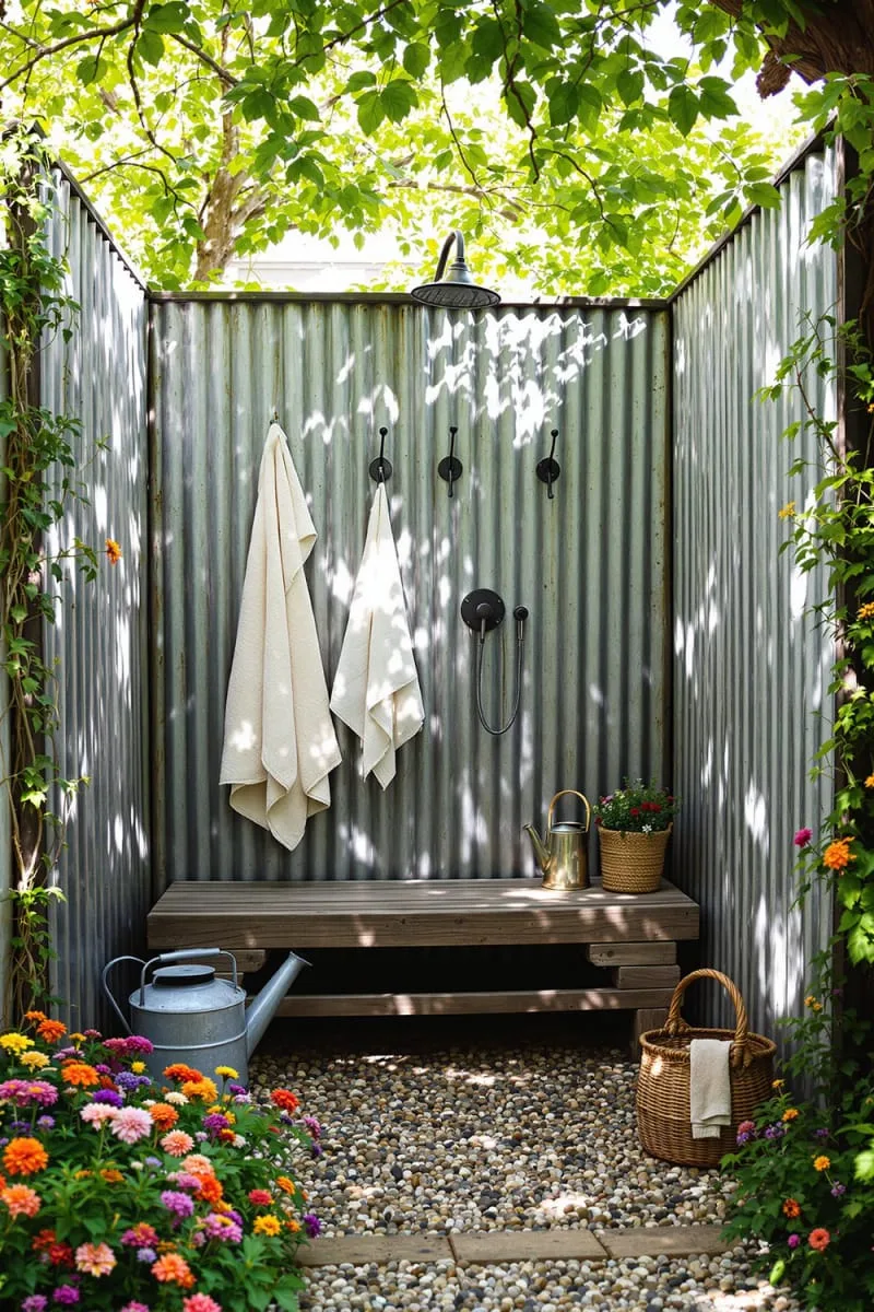 rustic corrugated tin walls paired with wildflower borders and vintage hooks 1