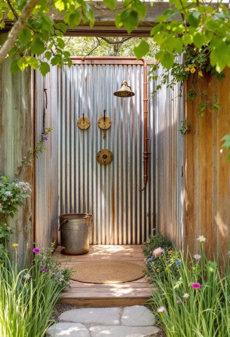 rustic corrugated tin walls paired with wildflower borders and vintage hooks 1