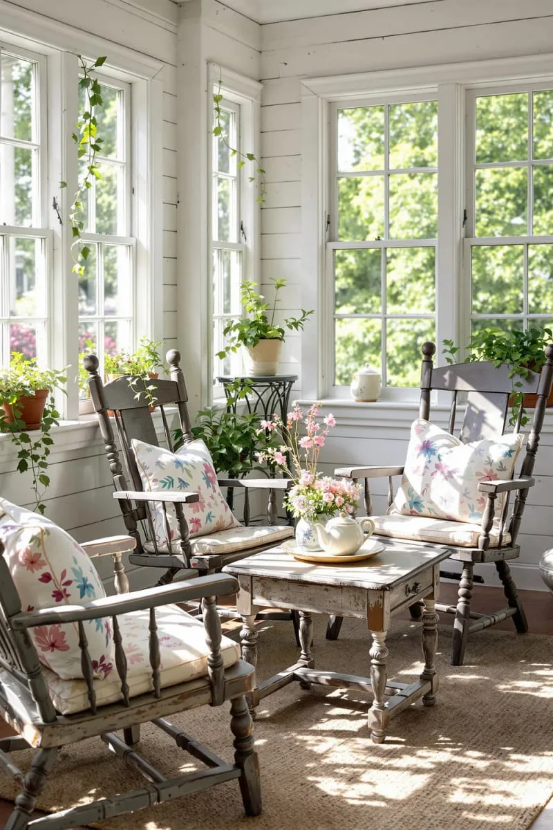 19 Small Sunroom Ideas to Brighten Small Spaces 64 rustic cottage charm using mismatched antique chairs and floral pillows 1