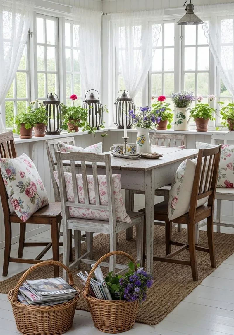 19 Small Sunroom Ideas to Brighten Small Spaces 65 rustic cottage charm using mismatched antique chairs and floral pillows 1