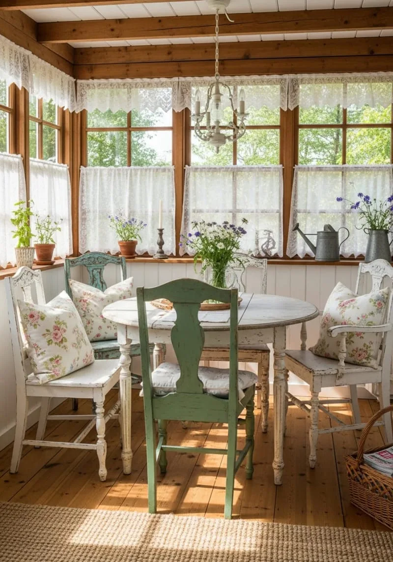 19 Small Sunroom Ideas to Brighten Small Spaces 66 rustic cottage charm using mismatched antique chairs and floral pillows 1