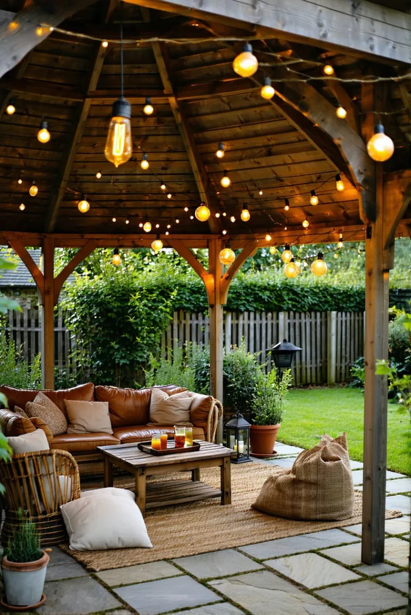 rustic gazebo with vintage furniture and edison bulb lights 1