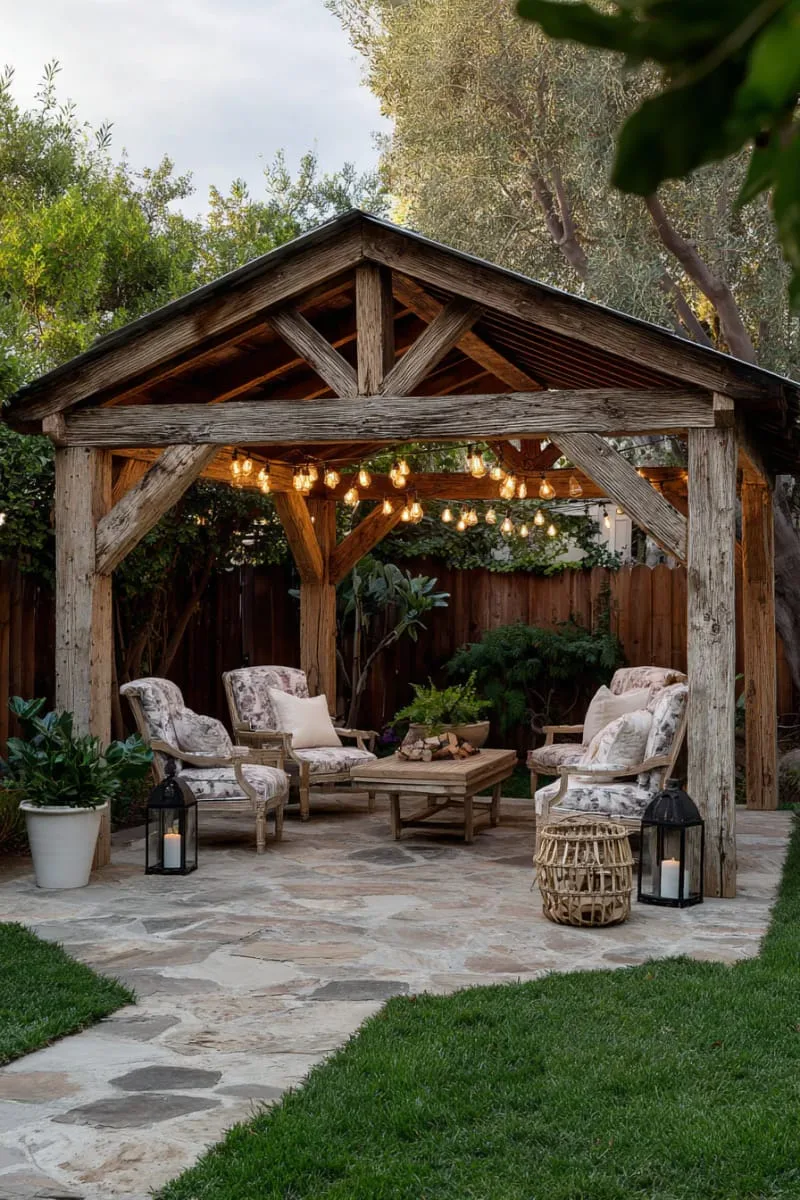 rustic gazebo with vintage furniture and edison bulb lights 1