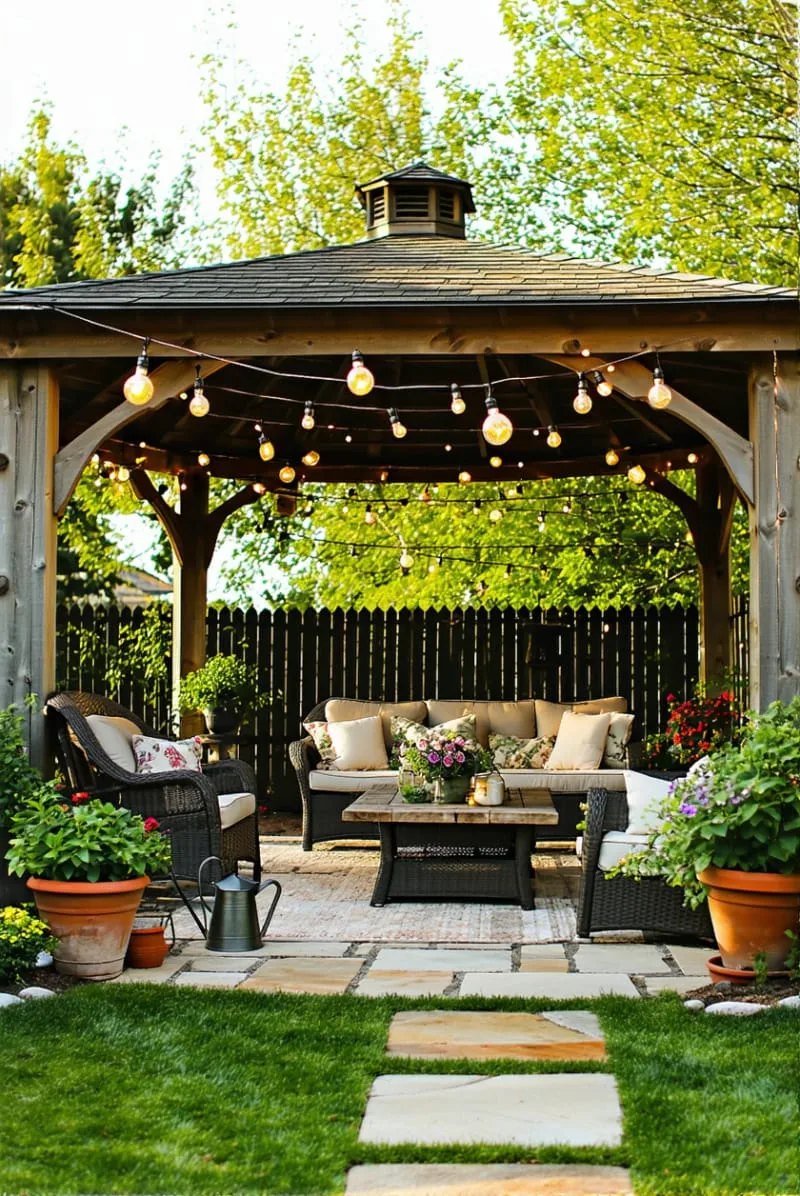 rustic gazebo with vintage furniture and edison bulb lights 1