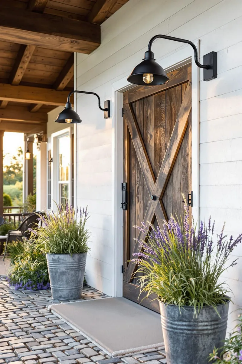 rustic gooseneck sconces flanking a vintage barn door 1