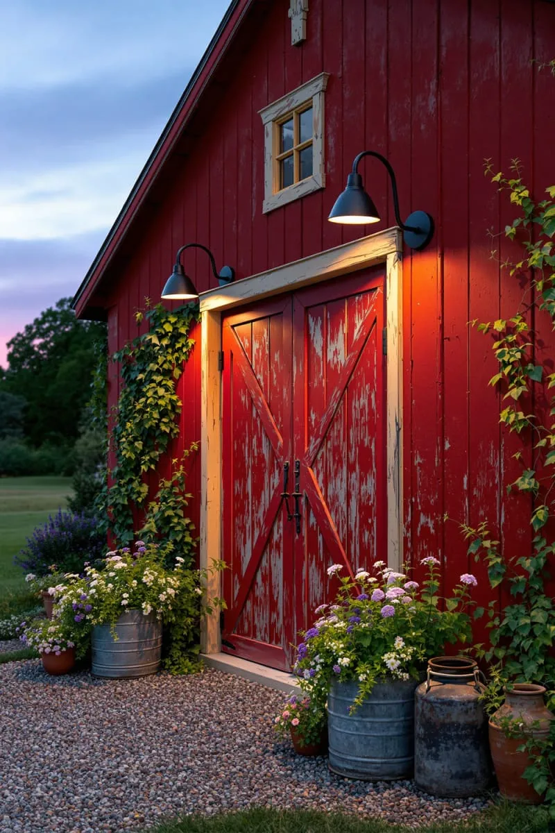 rustic gooseneck sconces flanking a vintage barn door 1