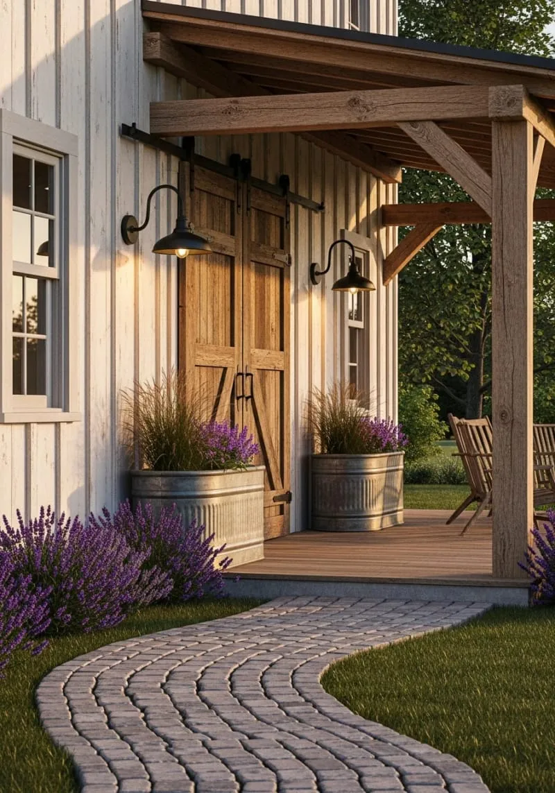 rustic gooseneck sconces flanking a vintage barn door 1