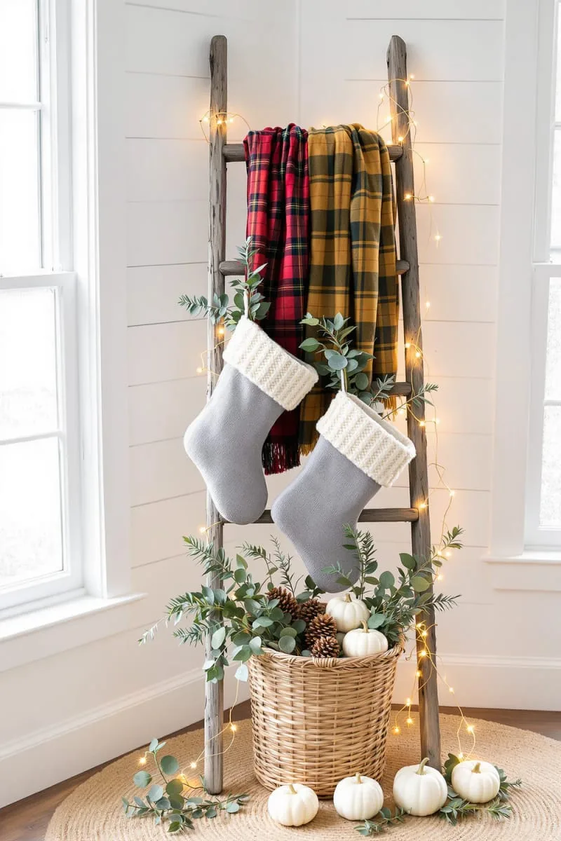 rustic ladder draped in plaid scarves and chunky knit stockings 1 rustic ladder draped in plaid scarves and chunky knit stockings 1